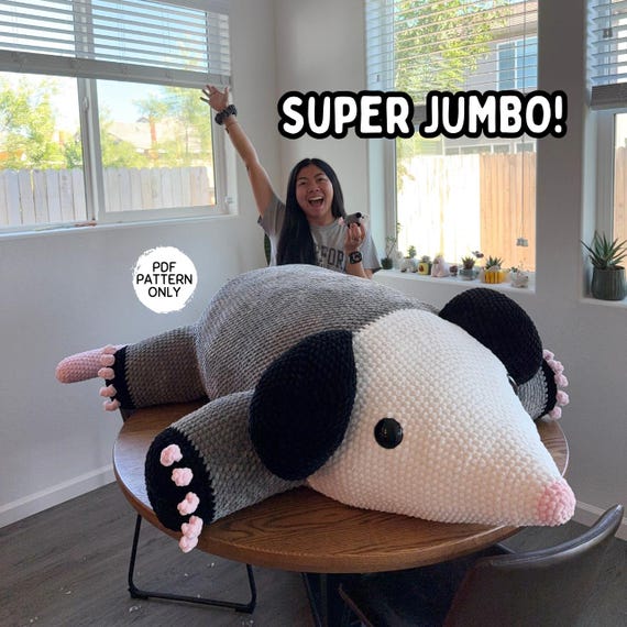 Crochet Jumbo Opossum Pattern PDF Download Extra Large Jumbo King Size Low Sew Amigurumi Possum Stuffed Animal