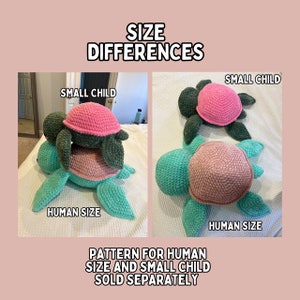 May include: Two crocheted turtle plushies, one larger than the other. The larger turtle is teal green with a pink shell, and the smaller turtle is dark green with a pink shell. The text "SIZE DIFFERENCES" is at the top of the image, and the text "PATTERN FOR HUMAN SIZE AND SMALL CHILD SOLD SEPARATELY" is at the bottom of the image.