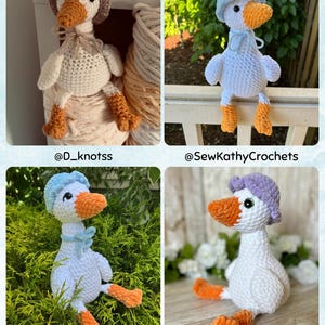 May include: Four handmade crochet plush geese, each featuring a white body, orange beak and feet, and a small hat in brown, light blue, or purple. The geese are displayed with social media handles @D_knotss, @SewKathyCrochets, @terryscrochetcottage, and @uplift_mt_studio.