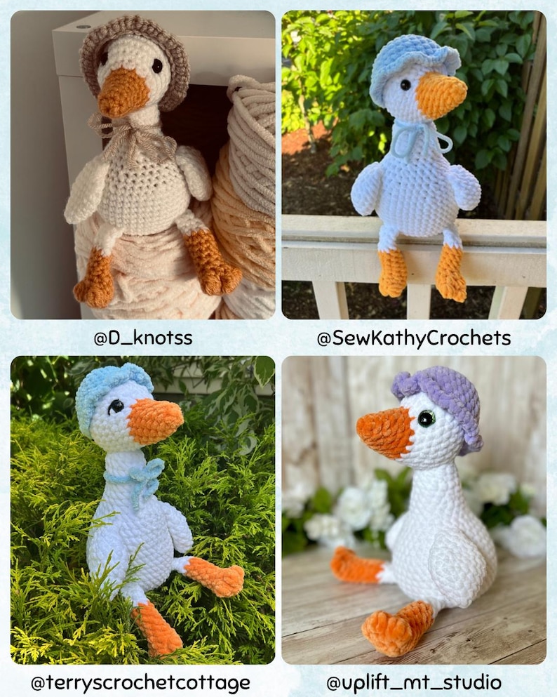May include: Four handmade crochet plush geese, each featuring a white body, orange beak and feet, and a small hat in brown, light blue, or purple. The geese are displayed with social media handles @D_knotss, @SewKathyCrochets, @terryscrochetcottage, and @uplift_mt_studio.