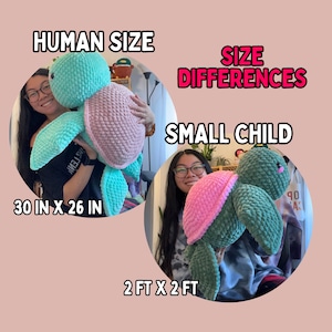 May include: Two crocheted turtle plushies in different sizes. The larger turtle is 30 inches by 26 inches and is being held by a person. The smaller turtle is 2 feet by 2 feet and is being held by a child.