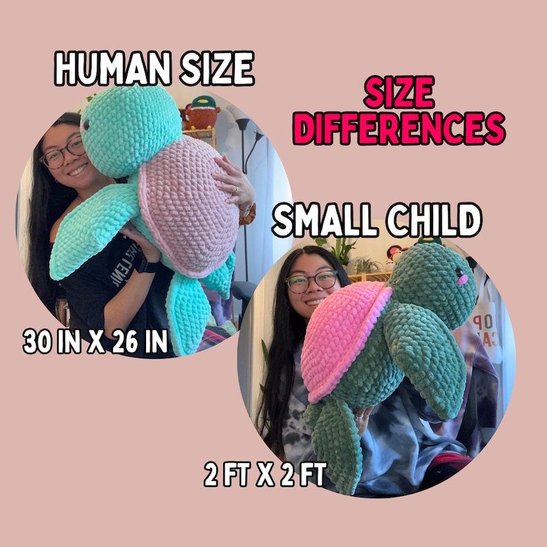 May include: Two crocheted turtle plushies in different sizes. The larger turtle is 30 inches by 26 inches and is being held by a person. The smaller turtle is 2 feet by 2 feet and is being held by a child.