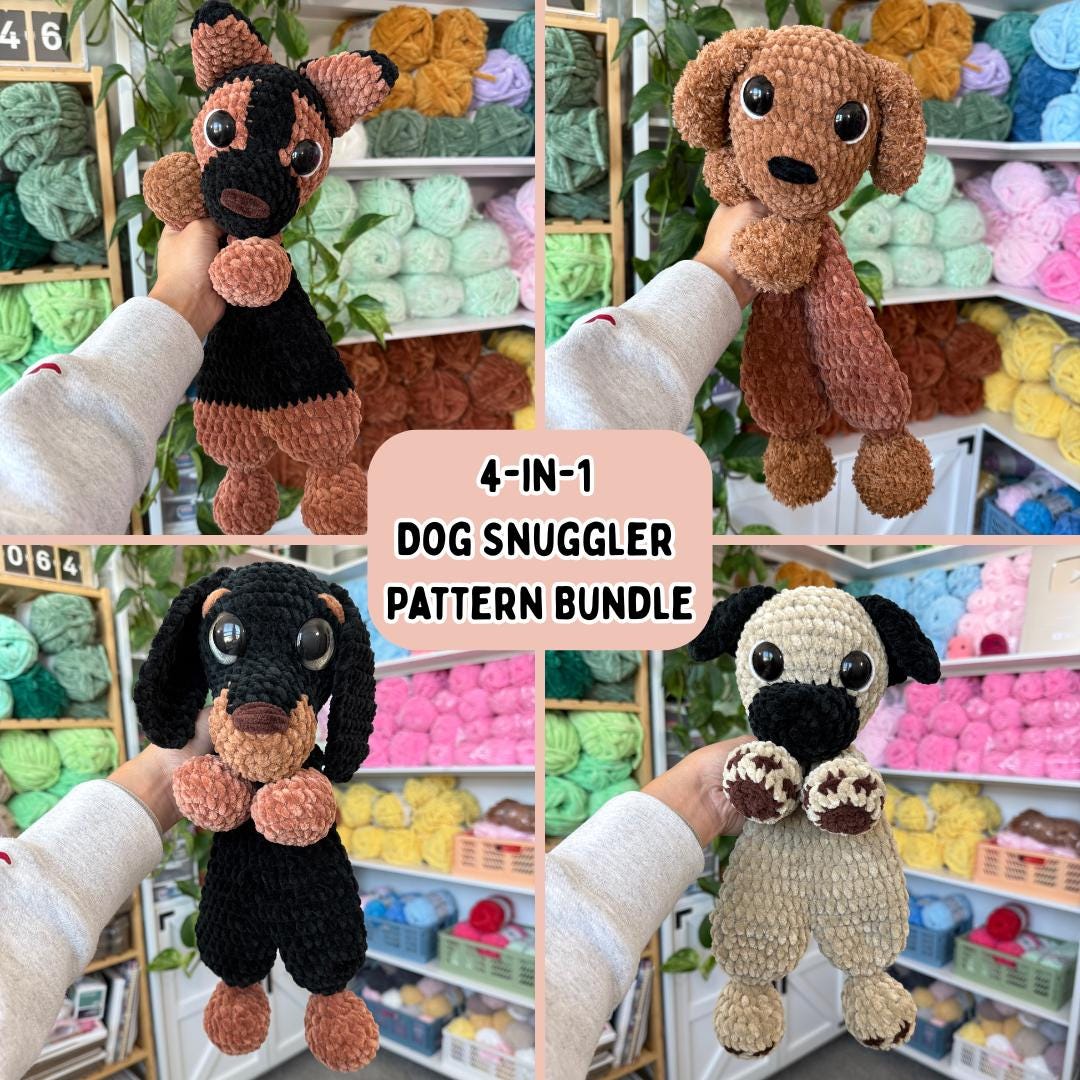 Crochet Dog Snuggler Pattern 4-in-1 Bundle Dachshund Pug German Shepherd Cavapoo Poodle Beginner Friendly Amigurumi Stuff Animal Pet Puppy