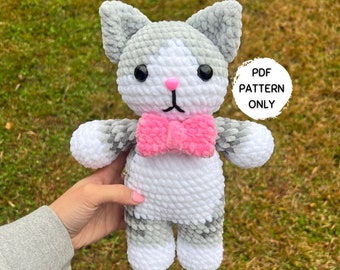 Cat Crochet Pattern with Bow Tie Beginner Friendly Low Sew Amigurumi Kitten Tabby Kitty Stuffed Animal PDF Download