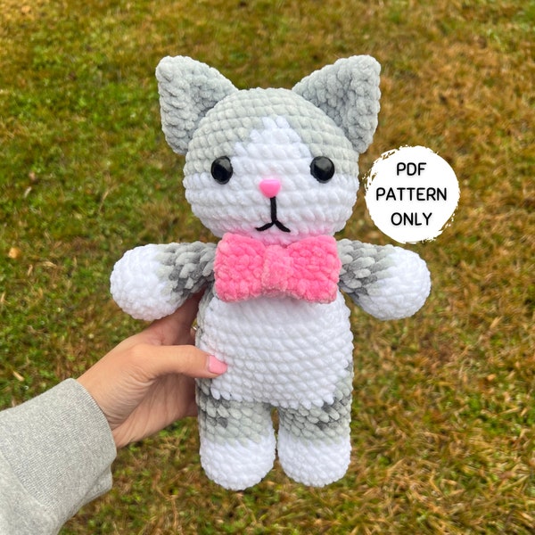 Cat Crochet Pattern with Bow Tie Beginner Friendly Low Sew Amigurumi Kitten Tabby Kitty Stuffed Animal PDF Download