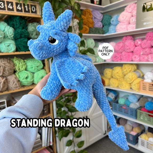 Virkat drakemönster Morningstartail Feathertail Daggertail 3-i-1 stående drake Ladda ner Amigurumi PDF Gosedjursbok