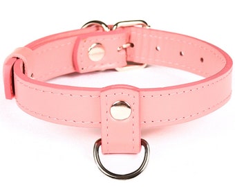 Gargantilla personalizada de cuero rosa hecha a mano (792 variaciones de color, herrajes chapados sin níquel, un precio para todos los tamaños)