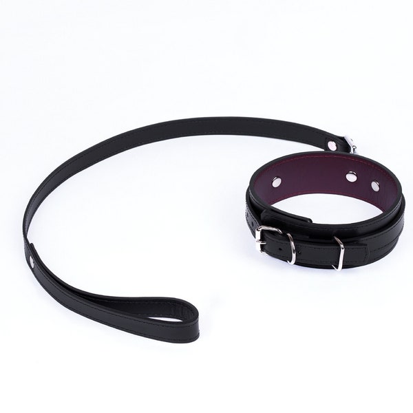 Handmade Bordo-Black Leather collar and leash set ( 792 color variations, nickel-free plated hardware, one price for all sizes)