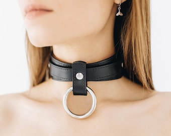 Handmade leather custom choker collar with O-ring (792 color variations nickel-free plated hardware one price for all sizes)