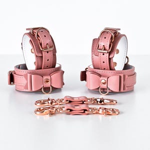 Premium Handmade Leather Hand & Ankle Cuffs Set with Bow and 2 Short Fixings – Custom Color Options – Fashion, Cosplay and Costume Accessory