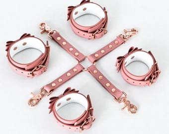 Premium Handmade Leather Hand & Ankle Cuffs with Bow and Hogtie – Custom Colors – One Price for All Sizes – Elegant Restraint for Adult Play