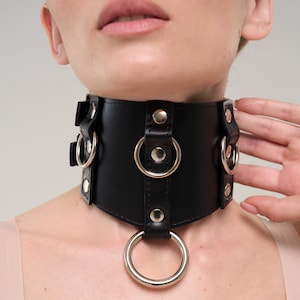 Handmade Black Leather Custom Posture Collar choker with 4 O-Rings ( 792 color variations, one price for all sizes, nickel-free hardware )