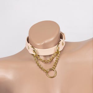 Custom made Light Pink leather martingale collar choker with gold chain for men and women with adjustable fit (396 color variations)