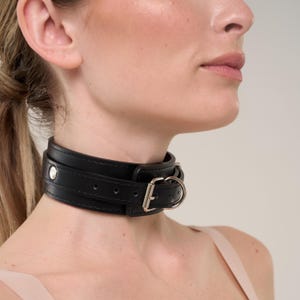 Custom sized Black leather bondage submissive collar with silver fittings (792 color variations nickel-free plated hardware)