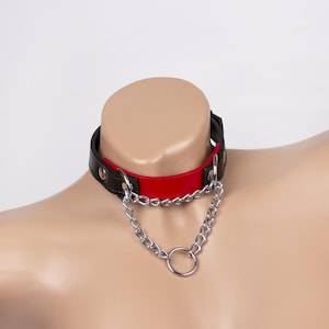 Custom made Black & Red leather martingale collar choker with silver chain for men and women with adjustable fit (396 color variations)