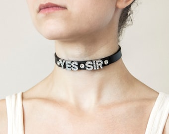 Handmade leather custom discreet public day collar name choker with rhinestones letters  (10 color variations, ONE PRICE for all SIZES)