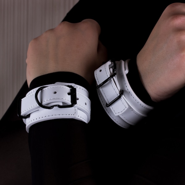 Handmade White leather wrist cuffs for men and women (792 color variations, nickelfree hardware, made to size)