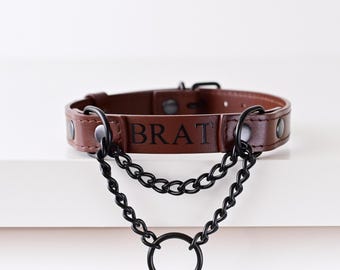 Brown Custom Leather Martingale Collar, Personalized Foil Embossing, Unisex Choker for Adults, Your size - One price, Pet Play, Name Collar