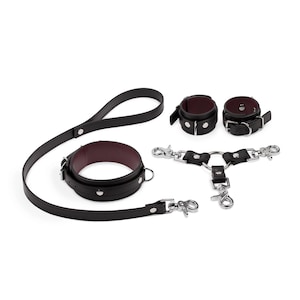 Handmade Premium Leather Collar Leash & Handcuffs Set – Custom Colors – Nickel-Free Hardware – One Price for All Sizes – Adult Restraint Set