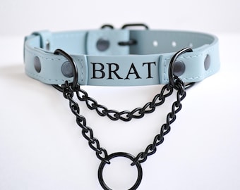 Light Blue Baby Pastel Blue Custom Leather Martingale Collar Choker, Discreet Day Collar for Adults, BDSM Sub, Pet Play