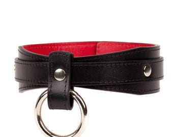 Handmade Black-Red leather custom choker collar with O-ring (792 color variations nickel-free plated hardware one price for all sizes)
