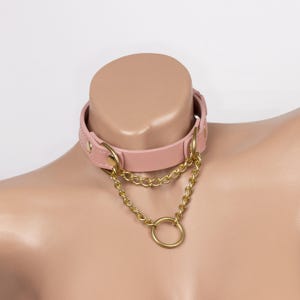 Pink leather martingale collar choker with gold chain for men and women with adjustable fit (396 color variations)