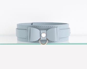 Light Blue Choker Leather Bow Collar Kawaii Necklace Petplay Gear Kitten Roleplay Submissive Gift Bunny Cosplay Cute Restraint Everyday Wear