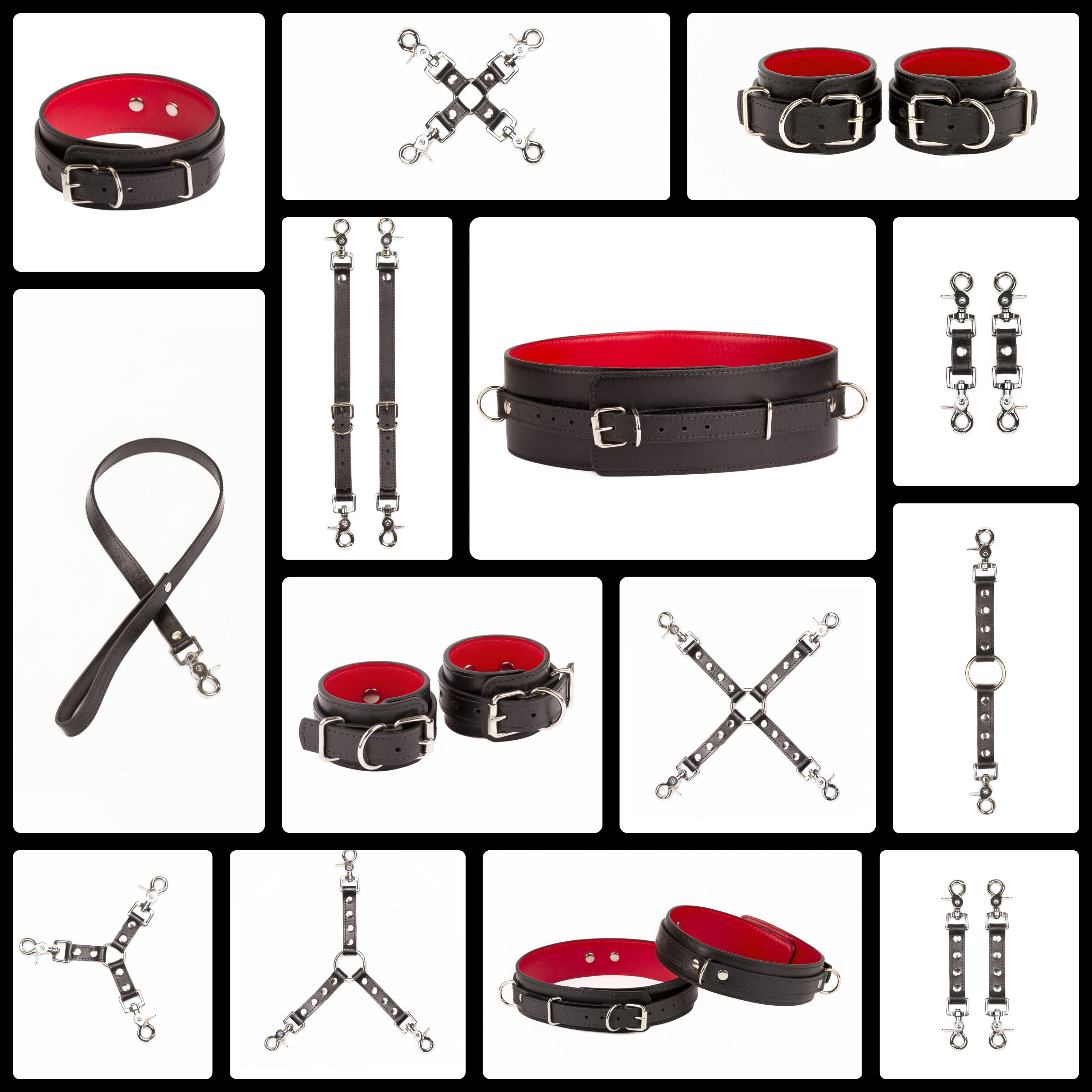 Premium Handmade Sub Cuffs Leather Set - 19 Items(collar, Leash, Belt ...