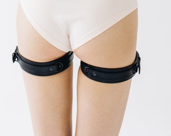 Handmade Black leg thigh cuffs custom for sensual play (792 color variations, nickel free hardware, one price for all sizes)