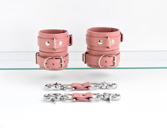 Handmade Pink Leather Cuff Set Wrist and Ankle Cuffs with Connectors Pastel Goth Accessories Custom Size Bracelet
