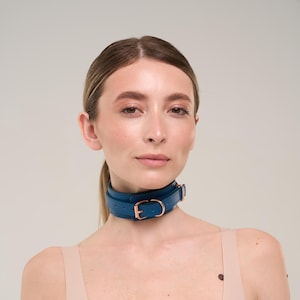 Custom sized Blue leather slave collar with rose gold fittings (792 color variations nickel-free plated hardware one price for all sizes)