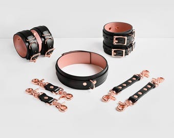 Premium leather handcuffs and anklecuffs set BDSM Ankle Cuffs, Handcuffs, Black Collar with Pink