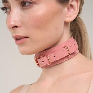 Custom sized Pink leather bondage submissive collar with rose gold fittings (792 color variations nickel-free plated hardware)