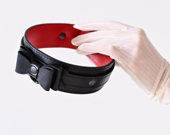 Premium Leather Choker with Bow, Lockable Buckle Day Collar, Custom Colors, BDSM Sub Fetish Pet Play Sensual Adult Statement Accessory