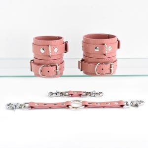 Handmade Leather Wrist and Ankle Cuffs Set with Short and Long Connectors in Custom Sizes