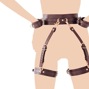 Custom Handmade Bordo leather waist garter belt and cuffs set(792 color variations, nickel-free plated hardware,ONE PRICE for all SIZES)