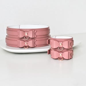 Premium Handmade Leather Ankle & Thigh Cuffs Set with Bows – Custom Colors – Elegant and Functional for Adult Play