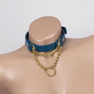 Custom made to your size Blue leather with gold chain martingale collar choker for men and women with adjustable fit (396 color variations)