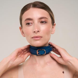 Custom sized Blue leather bondage submissive collar with rose gold fittings (792 color variations nickel-free plated hardware)
