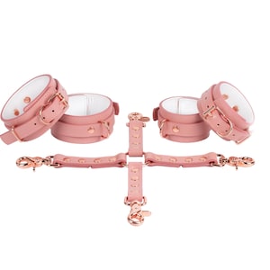 Handmade Leather cuffs set ankle cuffs hand cuffs and connector (792 color variations, nickel-free plated hardware, one price for all sizes)