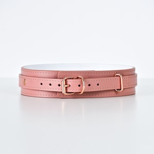 Pu&ograve; includere: Un collare in pelle rosa con interno bianco. Il collare presenta una fibbia in oro rosa e hardware abbinato. Il collare &egrave; progettato con due strati di pelle ed &egrave; fissato con una chiusura a fibbia.
