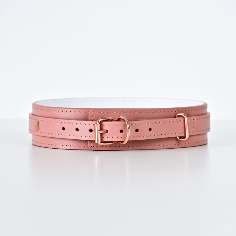 Pu&ograve; includere: Un collare in pelle rosa con interno bianco. Il collare presenta una fibbia in oro rosa e hardware abbinato. Il collare &egrave; progettato con due strati di pelle ed &egrave; fissato con una chiusura a fibbia.