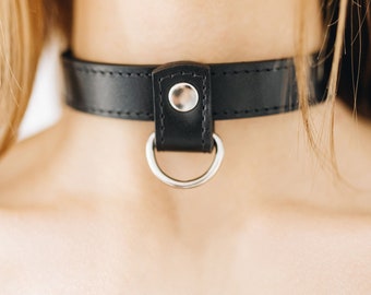 Handmade Black leather custom day collar choker (792 color variations nickel-free plated hardware one price for all sizes)