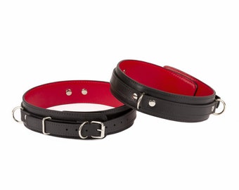 Custom Handmade Black-Red Leather thigh cuffs (792 color variations, nickel-free hardware, One Price for all sizes)
