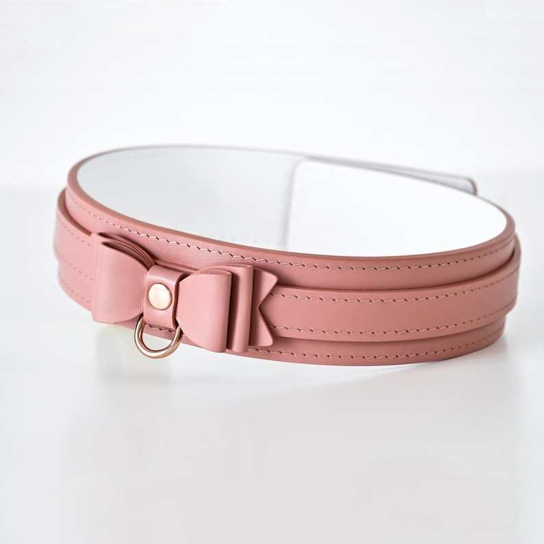 Pu&ograve; includere: Un collare in pelle rosa con un dettaglio a fiocco e un anello in metallo color oro. Il collare ha un interno bianco ed &egrave; progettato con un effetto a strati. Il fiocco &egrave; centrato e fissato con un bottone rosa abbinato.