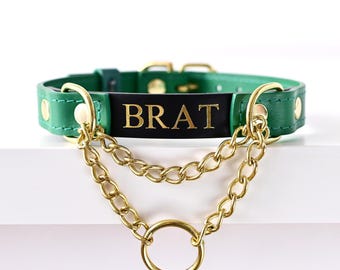 Emerald Forest Green Custom Leather Martingale Collar Choker, Foil Stamping Embossing, Discreet Day Collar for Adults, BDSM Sub, Pet Play