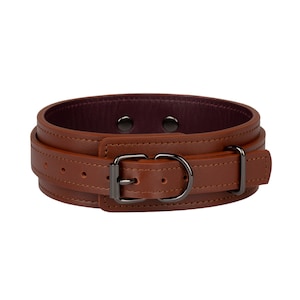 May include: A brown leather collar featuring a dark purple interior lining, dark metal hardware, a buckle closure, and a D-ring. The collar has visible stitching along the edges and multiple adjustment holes for a secure fit around the neck.