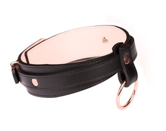 Handgefertigtes Schwarz-Hell-Rosa Leder Halsband, Halsband personalisierbar mit O-Ring(792 Farbvariationen nickelfrei, Metallteile Einpreis für alle Grössen)