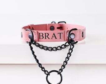 Rose Pink Custom Leather Martingale Day Collar, Personalized Foil Embossing, Submissive Unisex Choker for Adults, Pet Play Kitten