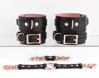 Handmade Leather Full Set Hand Ankle Cuffs  Short Long Connectors Locking Buckle Custom Size Cosplay Accessory